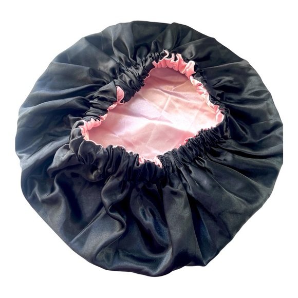 Luxury Reversible Satin Bonnet - Black & Pink Dual-Layer Adjustable Sleep Cap - Picture 1 of 2